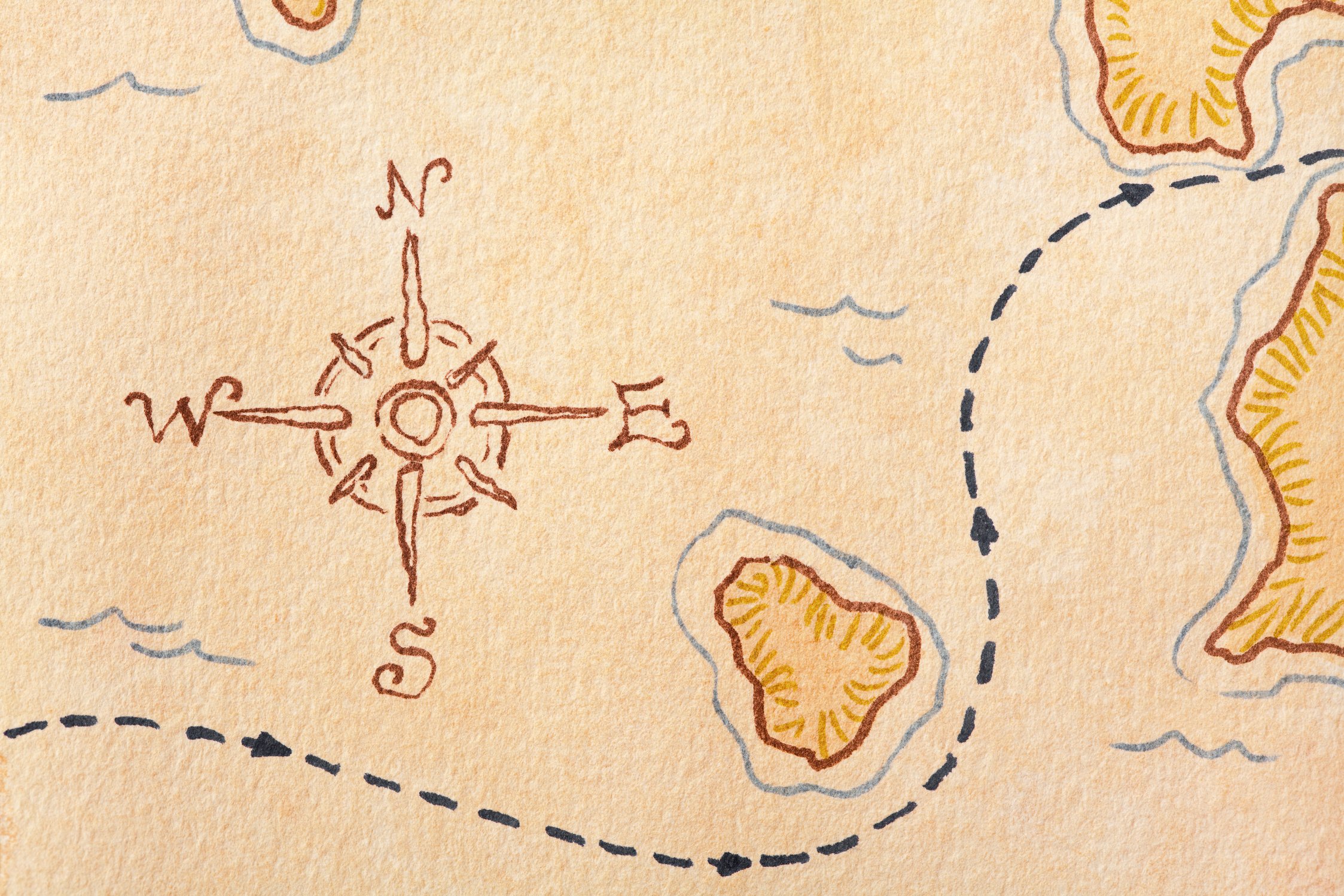 Compass Rose on Treasure Map. Full Frame, Copy Space, Horizontal.